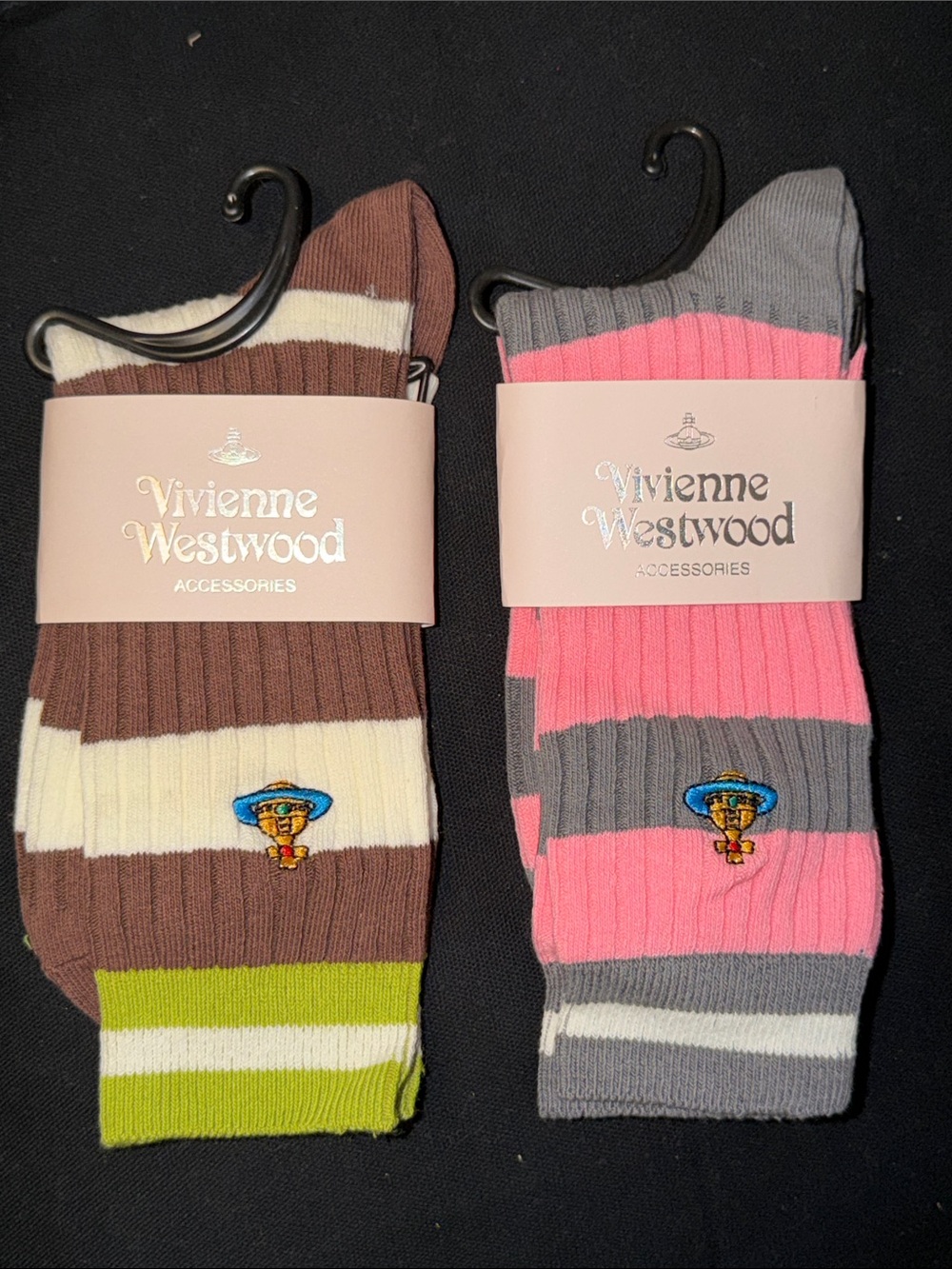 Vivienne Westwood Striped Crew Socks in Pink & Gray and Brown, Cream & Green